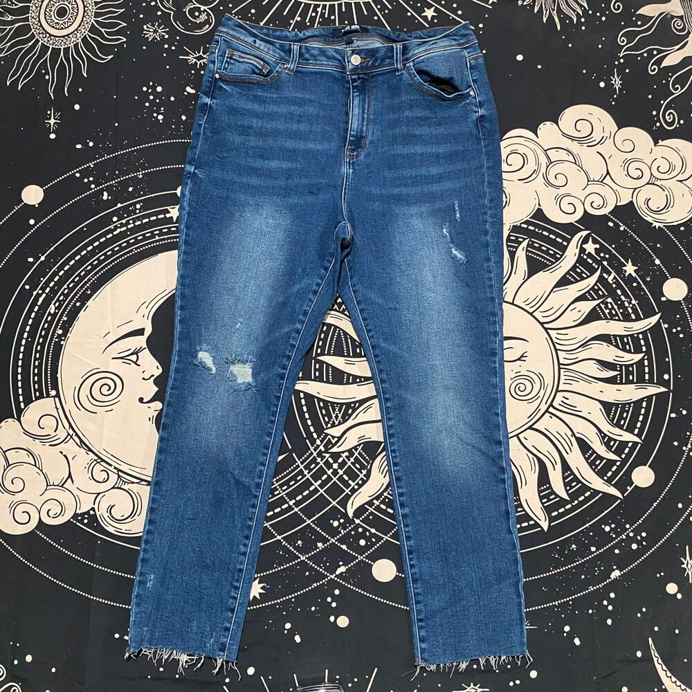 Wax Skinny Jeans Women's 16 Blue Cotton Denim Faded Distressed Raw Hem Outdoor